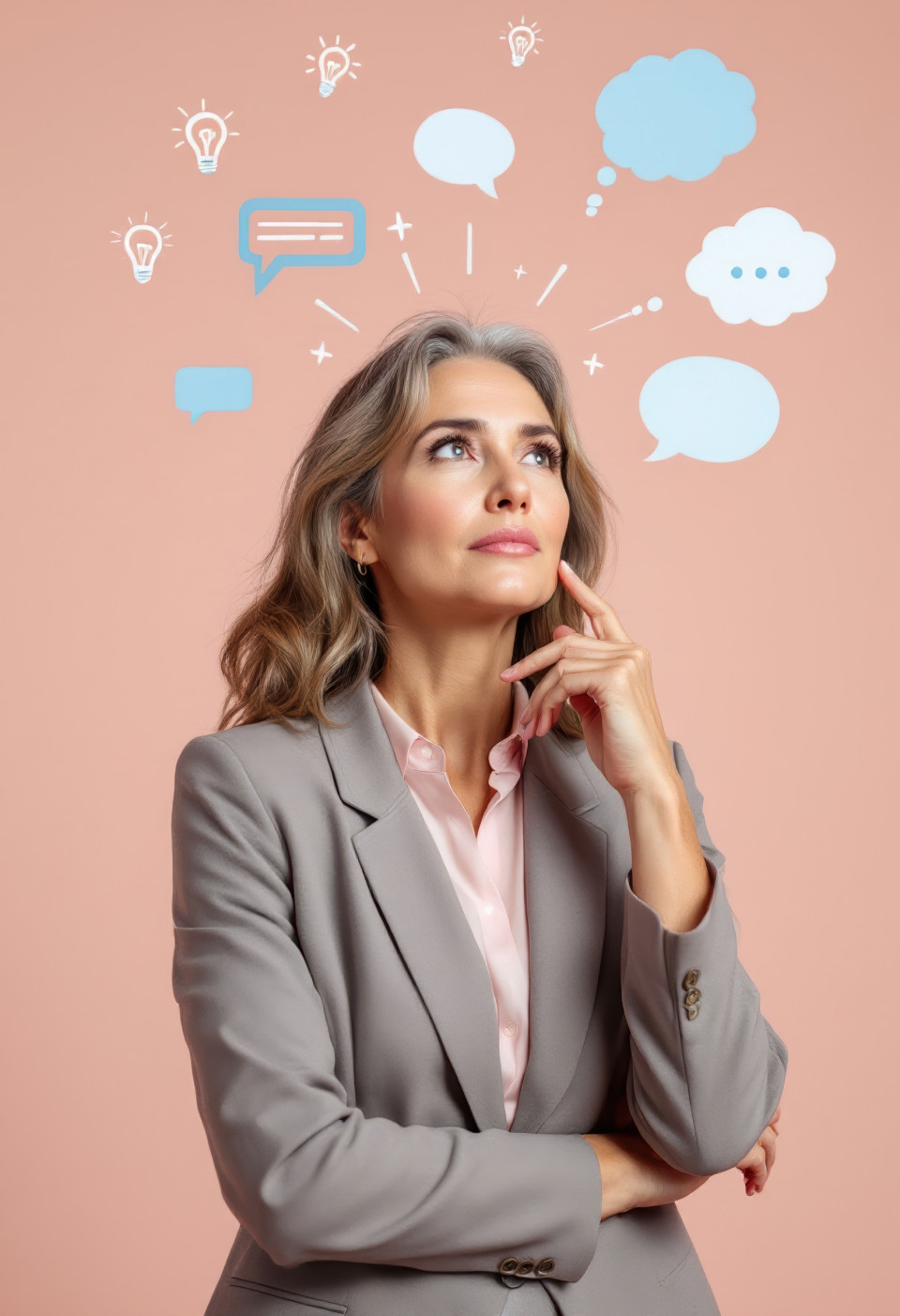 Middle-aged woman in modern blazer and blouse stands in deep thought, realistic thoughtful people overlays flux prompt fits business and life themes