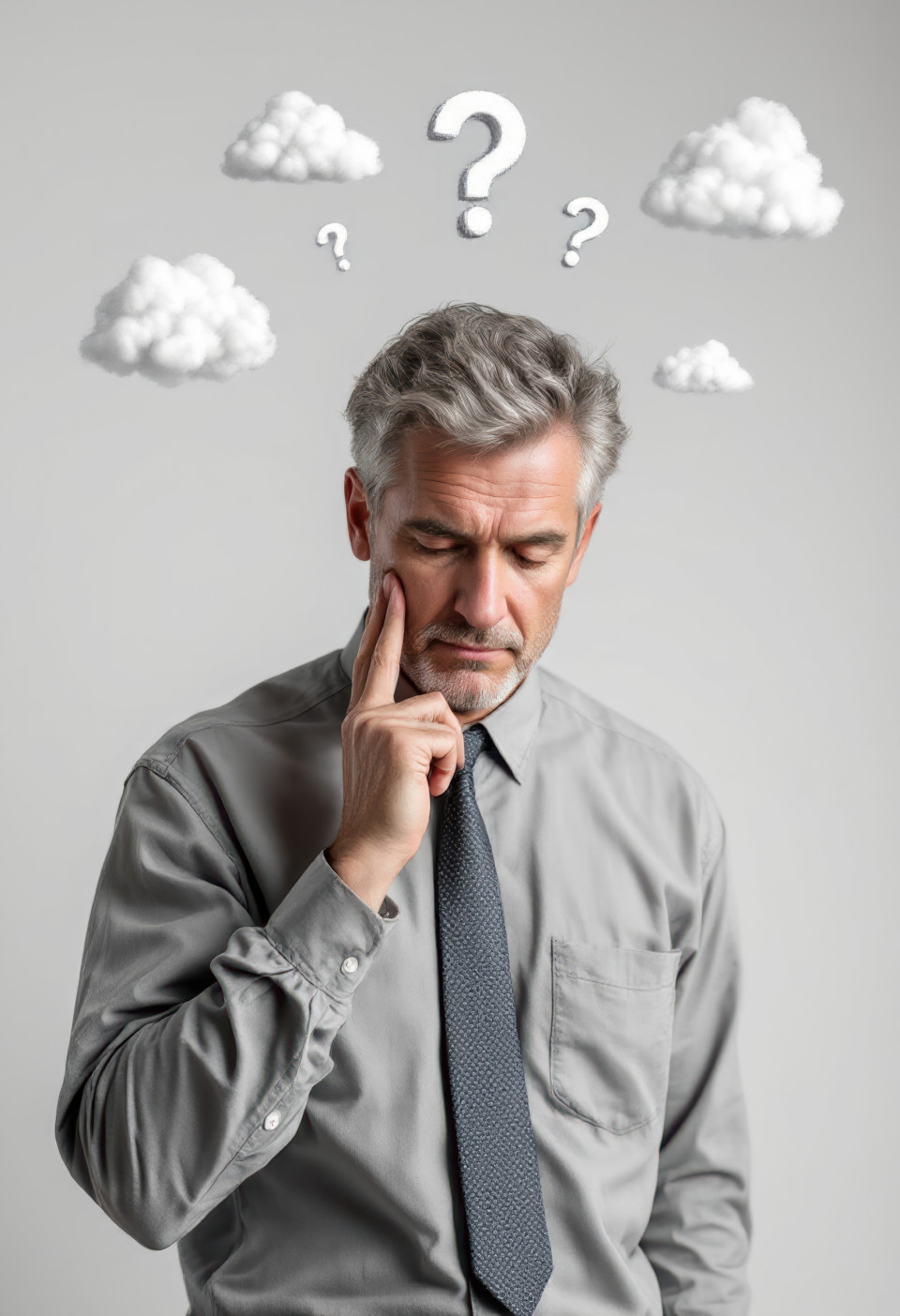 Middle-aged man in open-collar shirt and loose tie stands in thoughtful pose, realistic thoughtful people overlays flux prompt supports mood-rich visuals