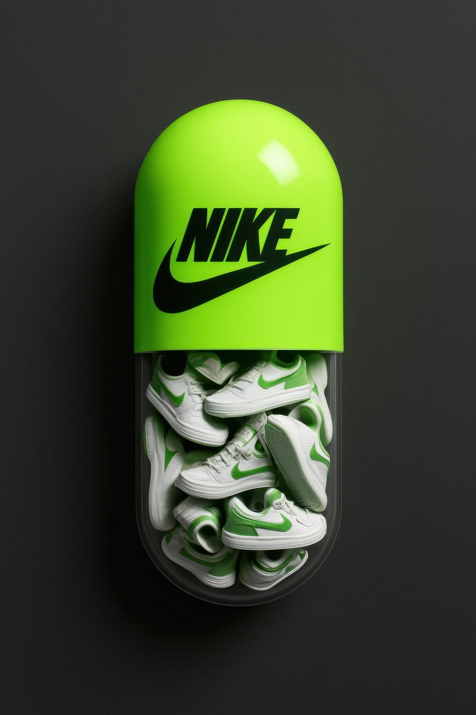 Neon green capsule with mini sneakers inside, blending fashion and pharma, branded capsule mockup, chatgpt image prompt, product branding, streetwear concept