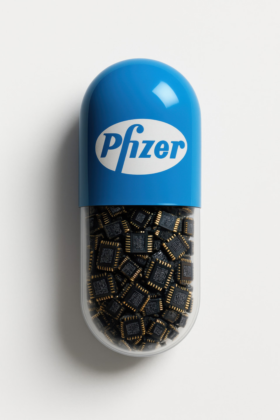 Glossy blue capsule with digital chips inside, symbolizing tech medicine, branded capsule mockup, chatgpt image prompt, product branding, futuristic health concept