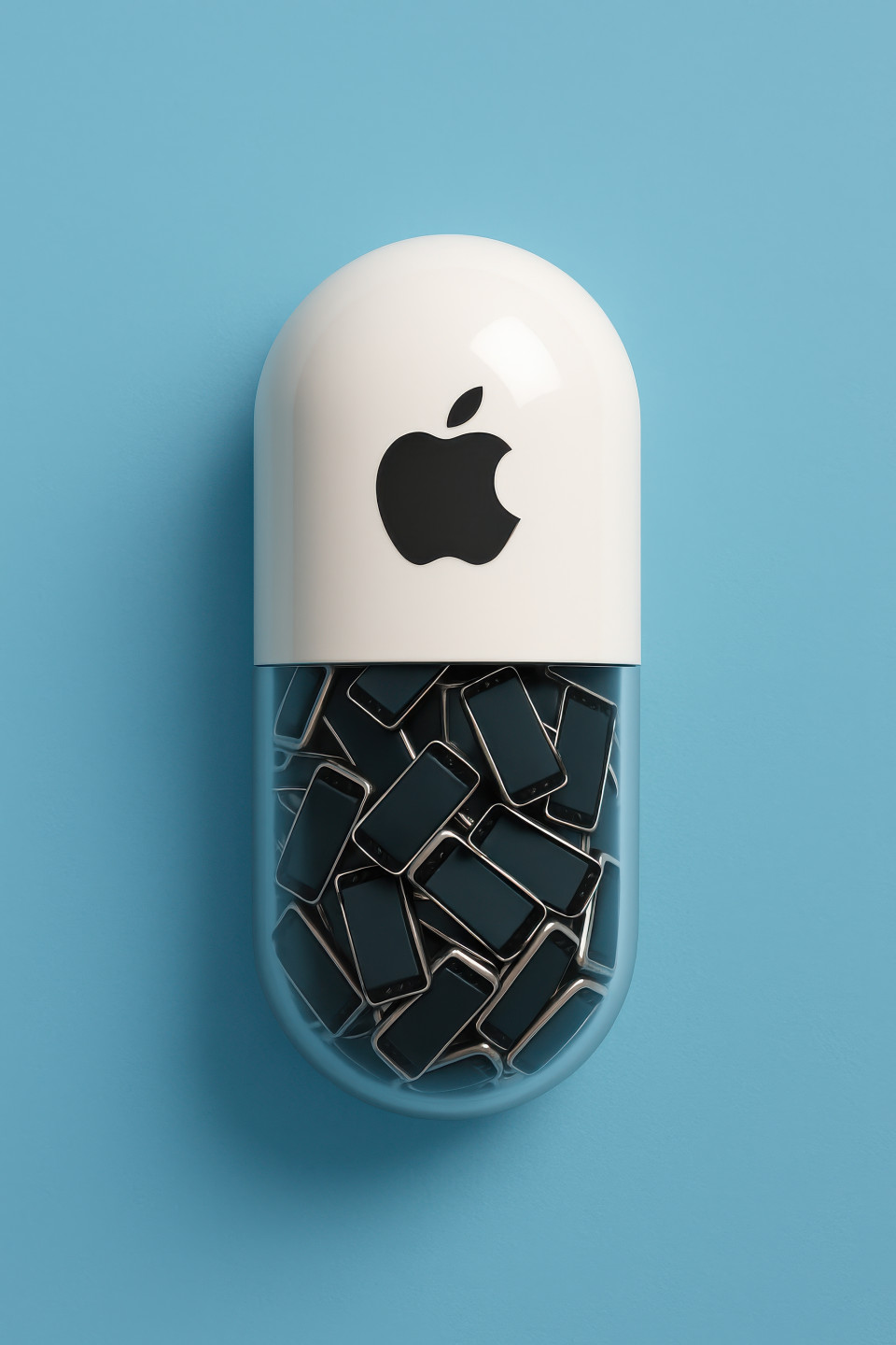 White capsule with tiny smartphones inside, tech fusion concept, branded capsule mockup, chatgpt image prompt, product branding, smart device innovation