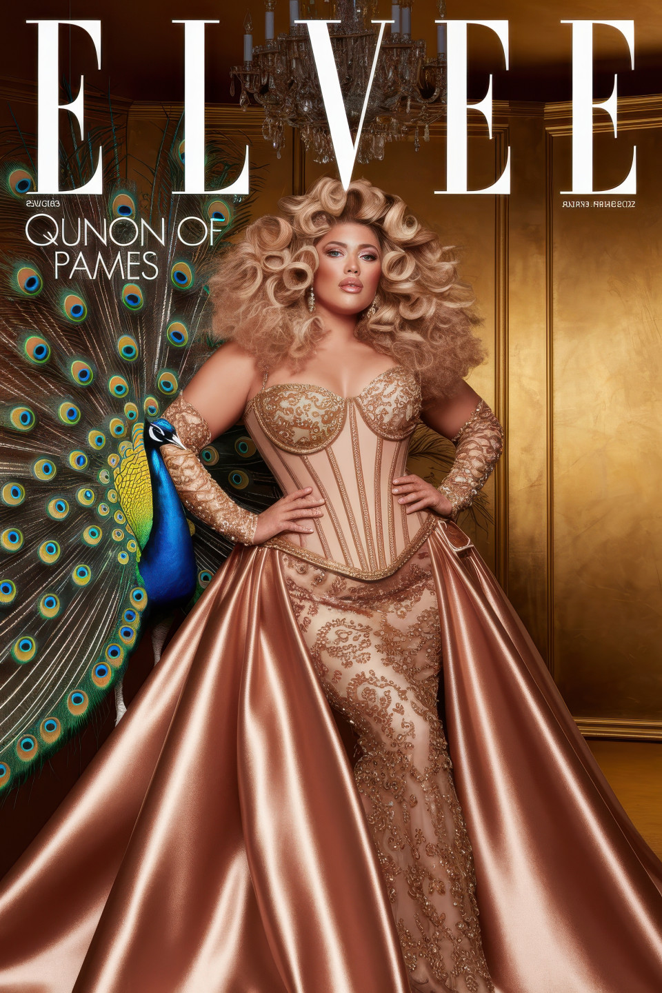 Femme model in gold corset with peacock feathers in palace setting, baroque luxury theme, surreal animal cover art, magazine cover, chatgpt image prompts, royal fashion look