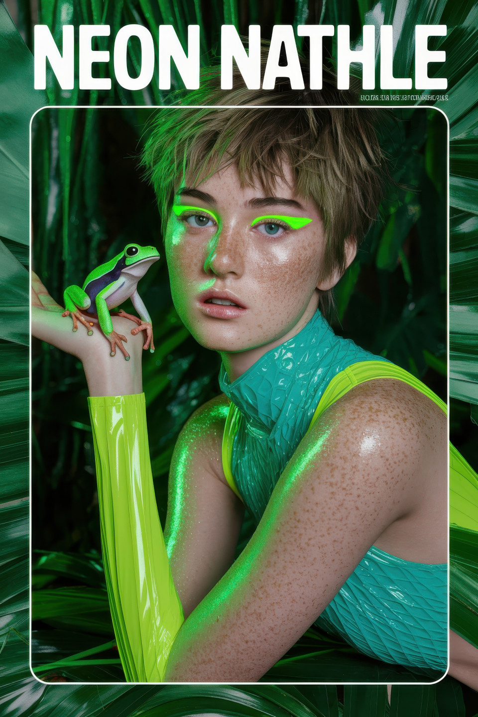 Freckled teen model in neon fashion with tree frog in green rainforest setting, surreal animal cover art, magazine cover, chatgpt image prompts, vibrant eco-style design