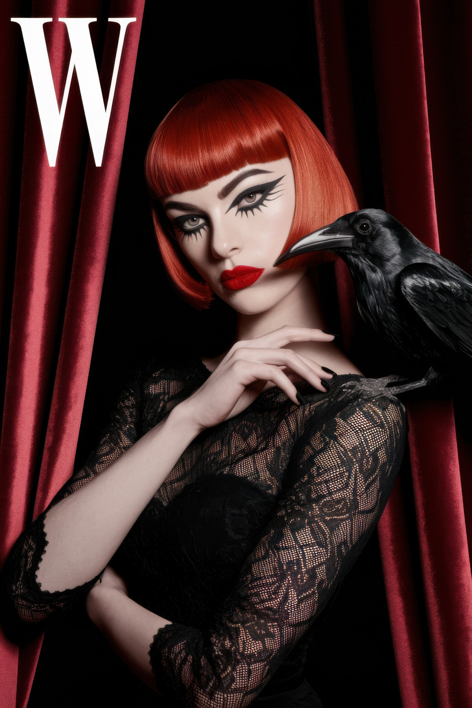 Petite model in crimson gothic style with raven on shoulder, velvet theater setting, surreal animal cover art, magazine cover, chatgpt image prompts, moody couture vibe