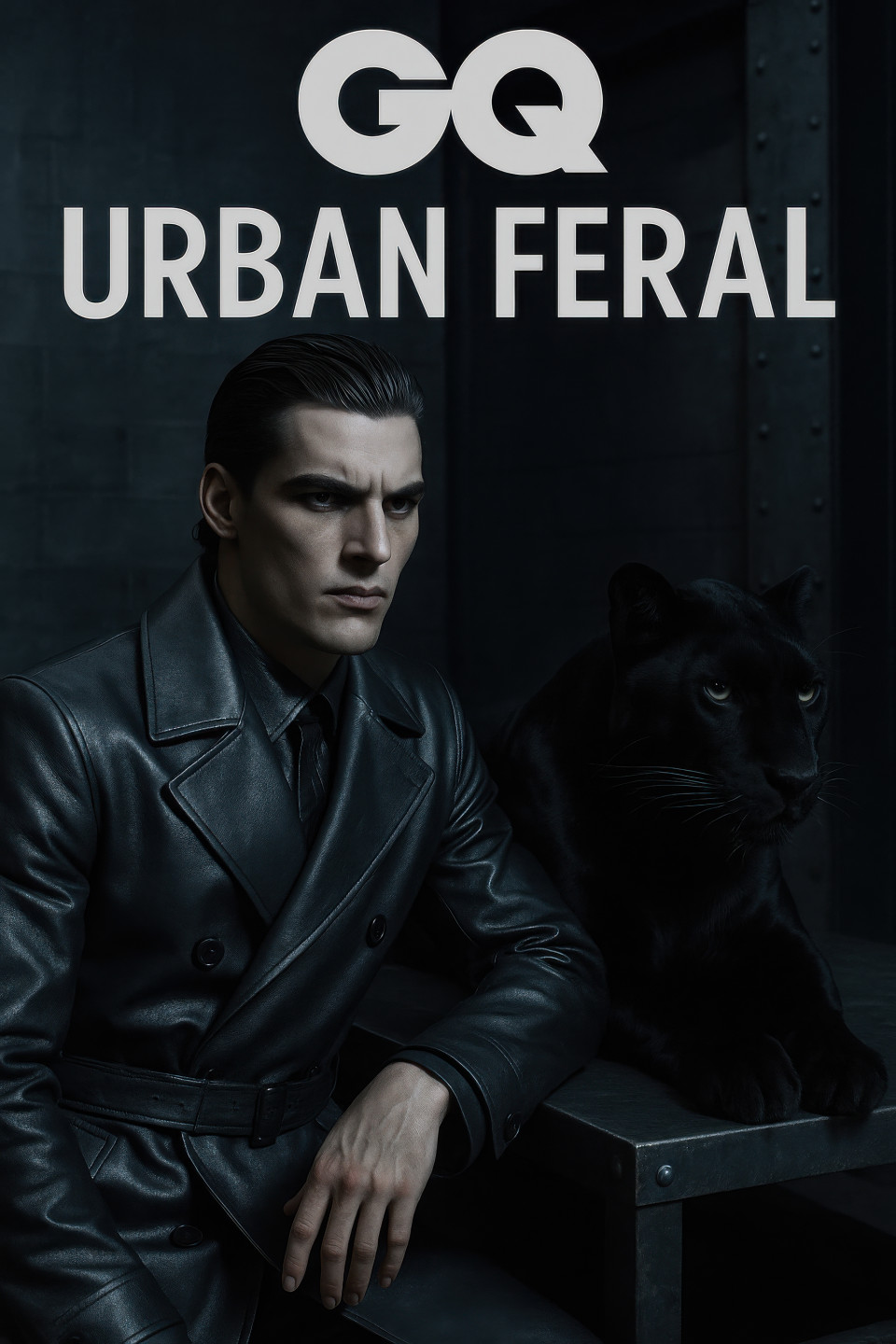 Masculine model in steel trench coat with black panther on urban platform, slate metal background, surreal animal cover art, magazine cover, chatgpt image prompts, gritty style