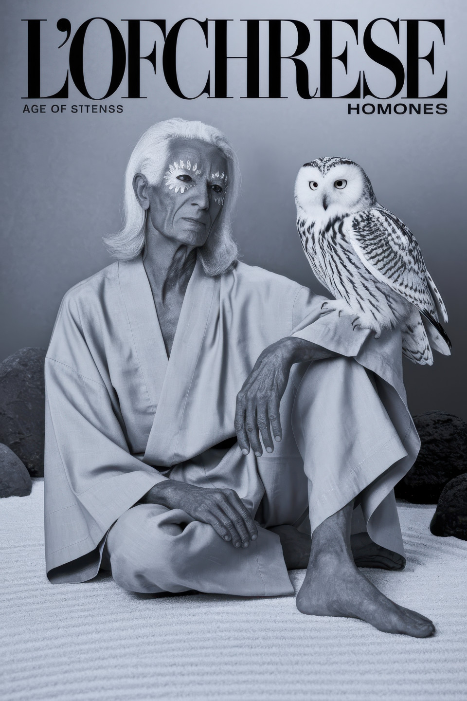 Elderly model in white kimono with snowy owl in zen garden, minimal background, surreal animal cover art, magazine cover, chatgpt image prompts, peaceful fashion concept