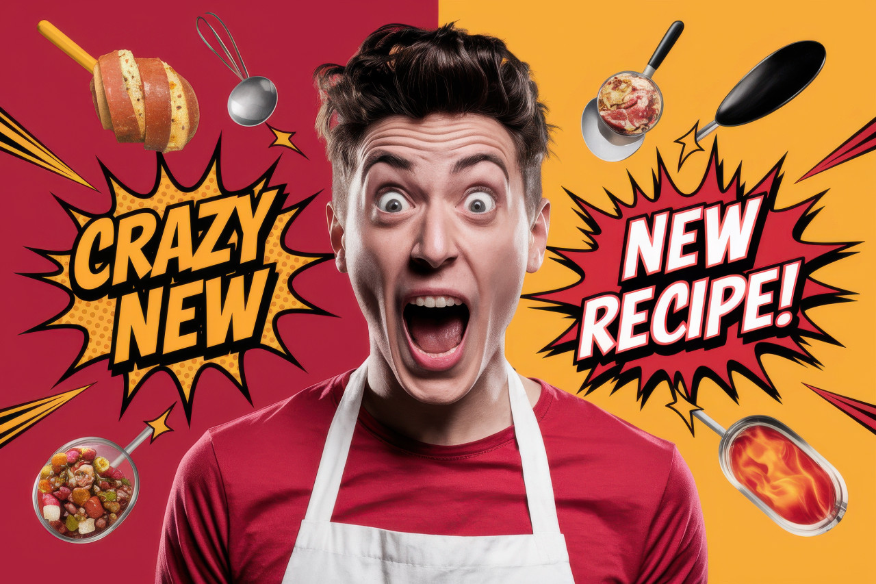 Surprised food vlogger with floating snacks, utensils and fire, bold red yellow gradient background, recipe discovery vibe, text-to-image thumbnail prompts included