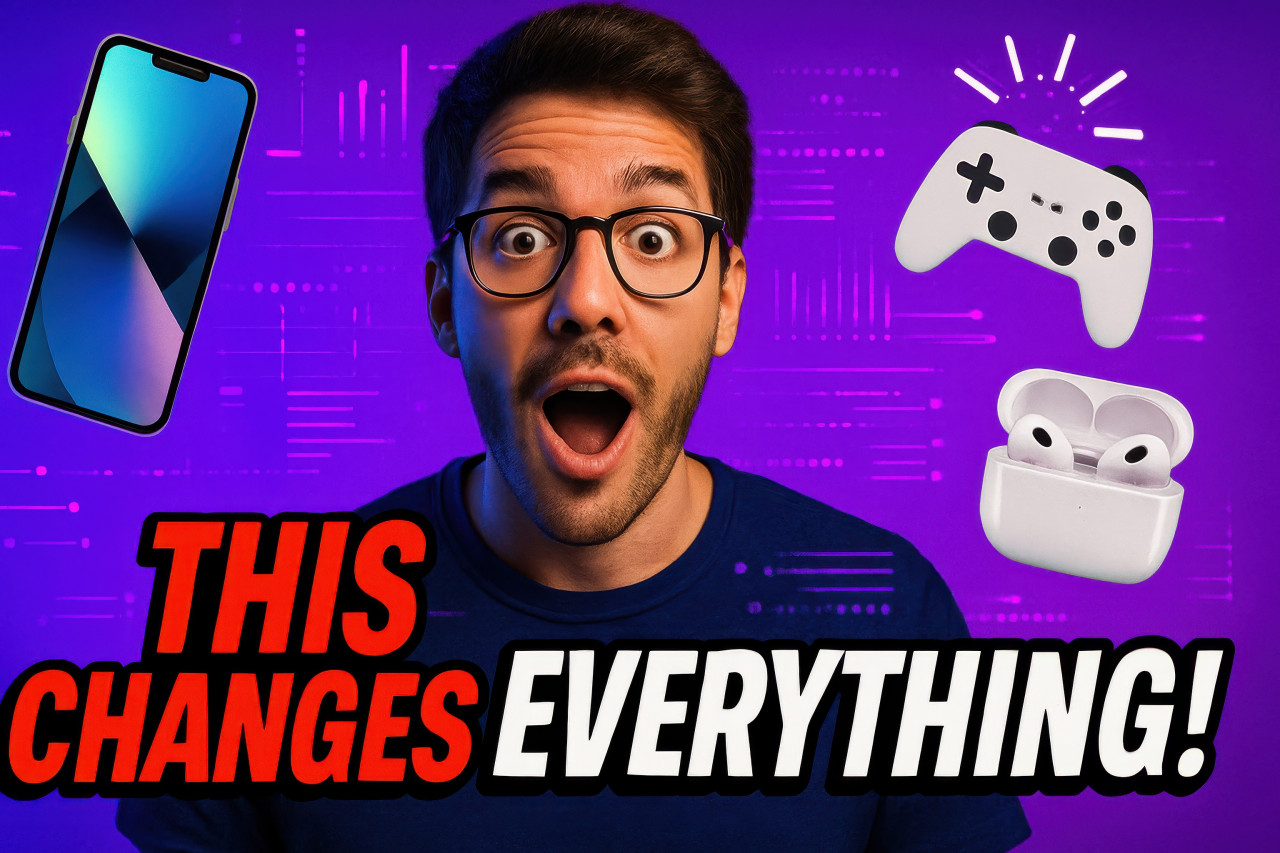Excited tech influencer reacts to gadgets and smartphones flying around neon purple background, tech breakthrough moment, chatgpt prompts for thumbnails included