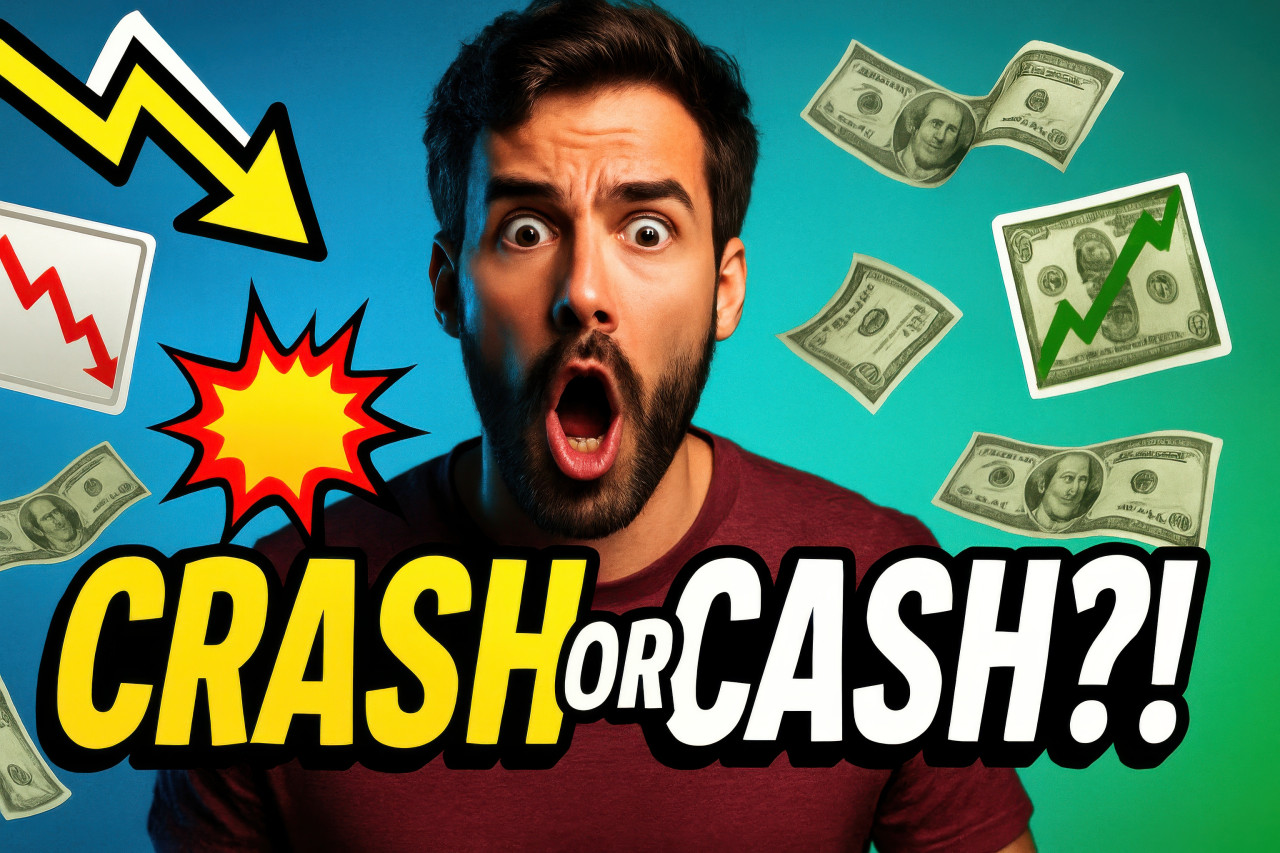 Finance expert with shocked face surrounded by floating money and stock charts on blue green gradient, financial crash concept, viral youtube thumbnail prompts included