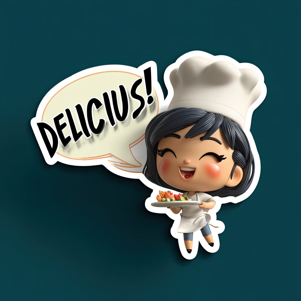 3d kawaii chibi chef in white apron and hat showing food proudly, olive skin, black short hair, joyful face, ideal for stickers, midjourney image prompt
