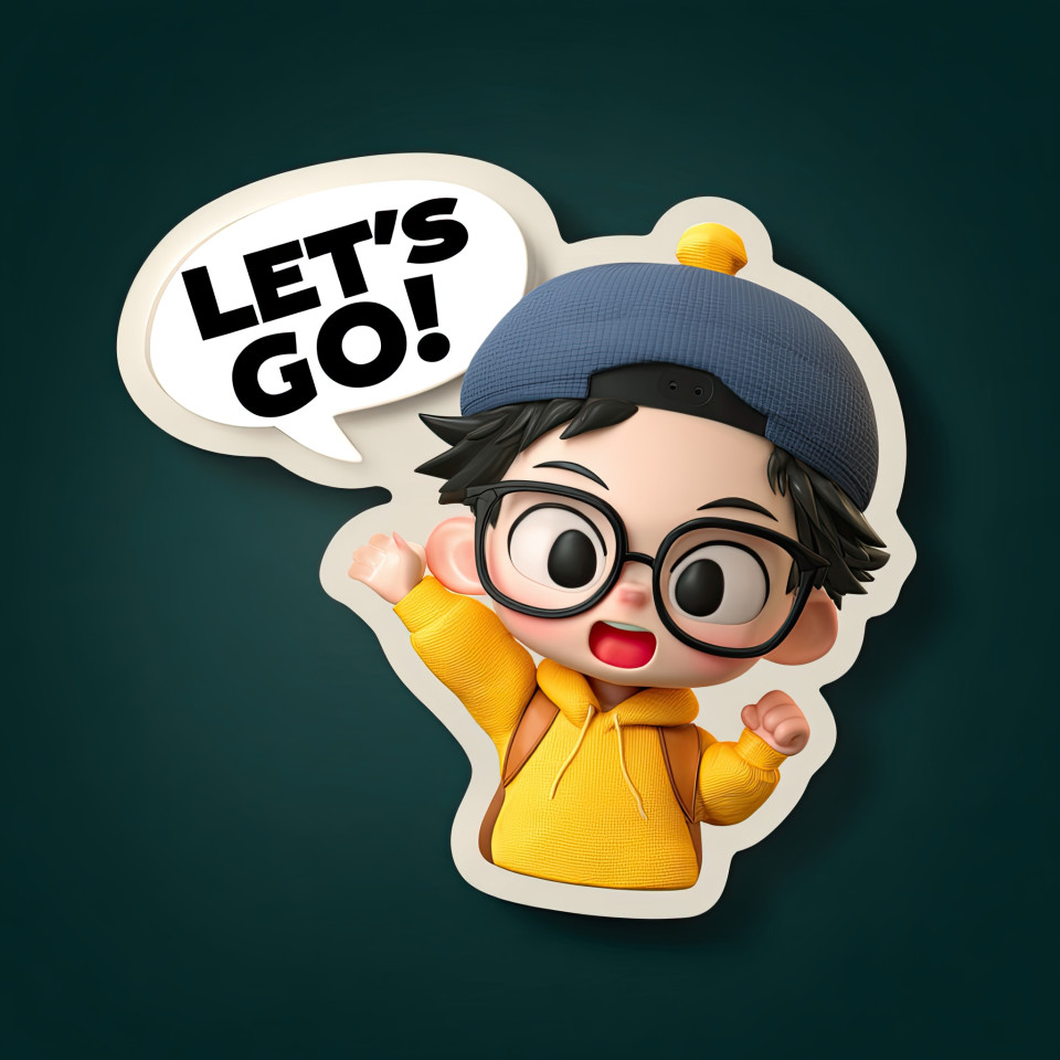 3d kawaii chibi boy in yellow hoodie and blue cap making a victory pose, light skin, black hair, glasses, full of joy, perfect for stickers, midjourney image prompt
