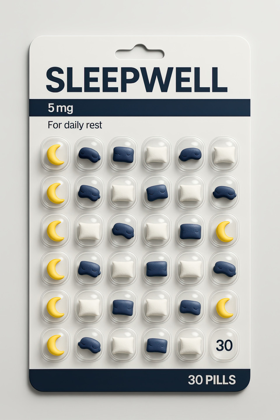 Sleepwell pill pack mockup with mini moon, mask, pillow symbolizing rest and relaxation, clean design, ideal chatgpt image prompt for discipline and sleep