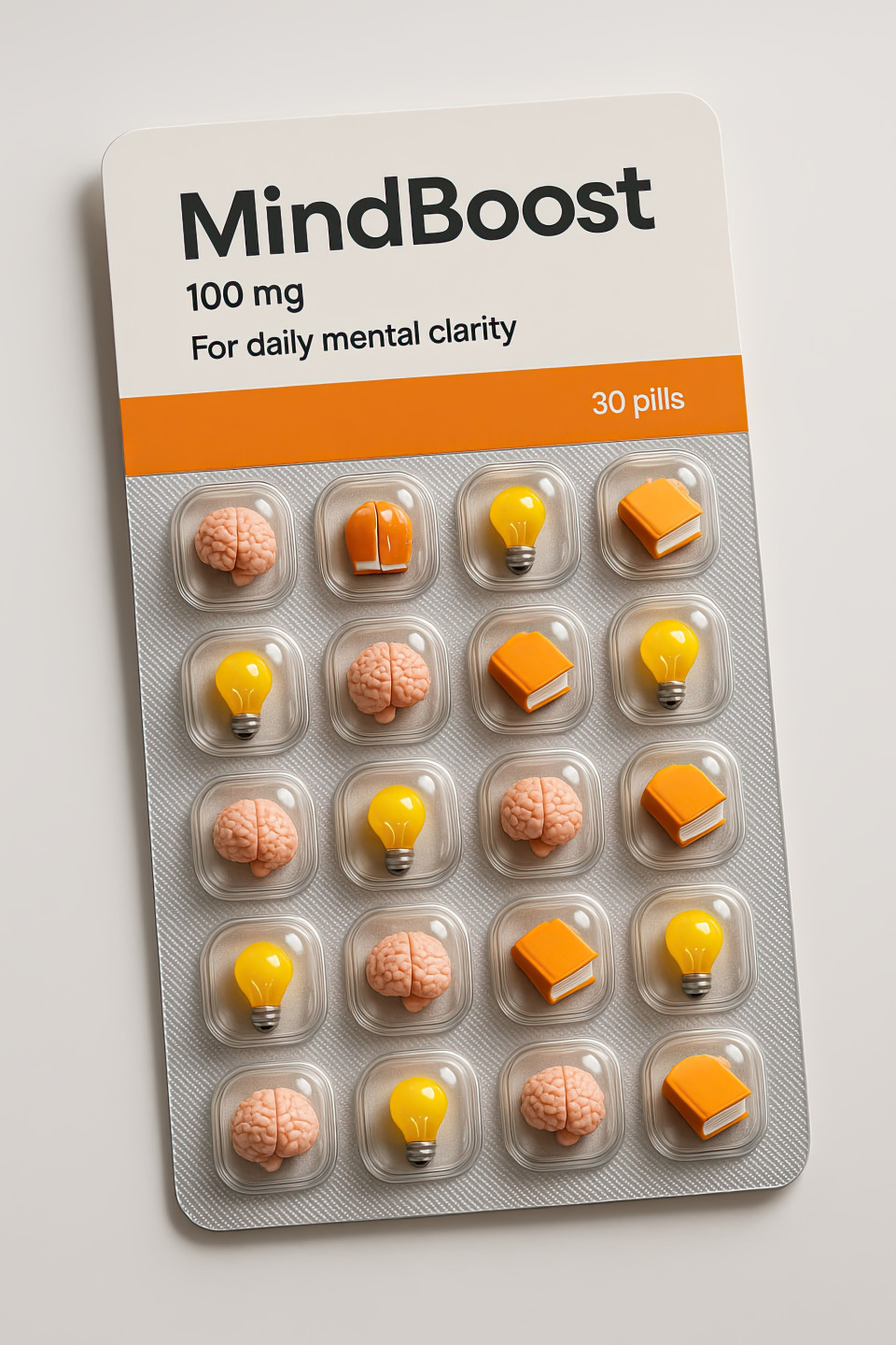 Mindboost mockup of pill pack with brain, bulb, book for cognitive focus, clean layout, discipline theme, great chatgpt image prompt and productivity concept