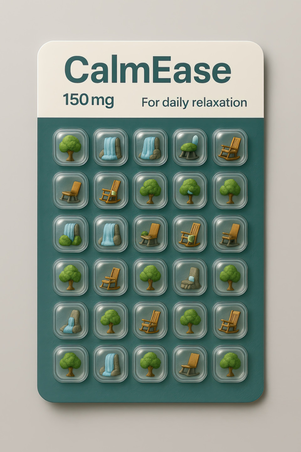 Calmease pill pack mockup with tree, waterfall, chair for stress relief, clean design, discipline concept for calm, ideal chatgpt image prompt and pack