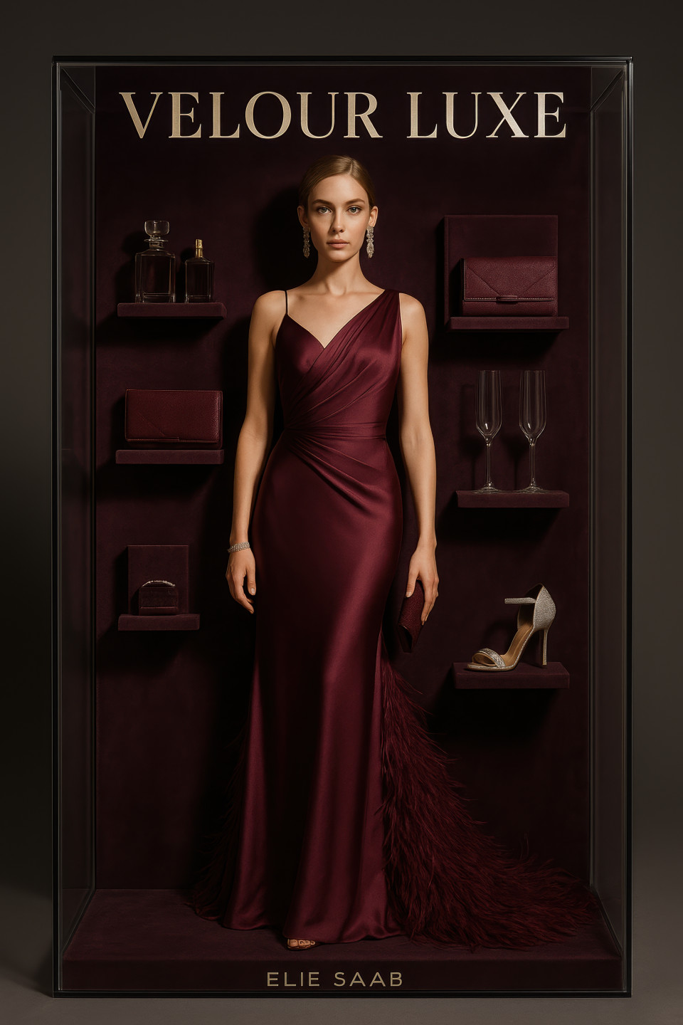 Glam fashion doll in silk evening gown with feather train, crystal earrings, jeweled heels, clutch in clear luxury box, perfect pack mockup, chatgpt image prompt