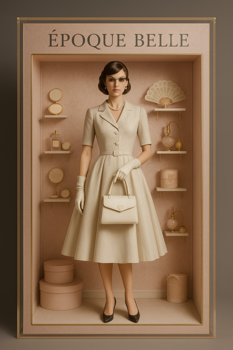 Vintage fashion doll in 1950s dior dress with pearls, gloves, heels, structured bag in luxury clear box, elegant packaging pack mockup, chatgpt image prompt