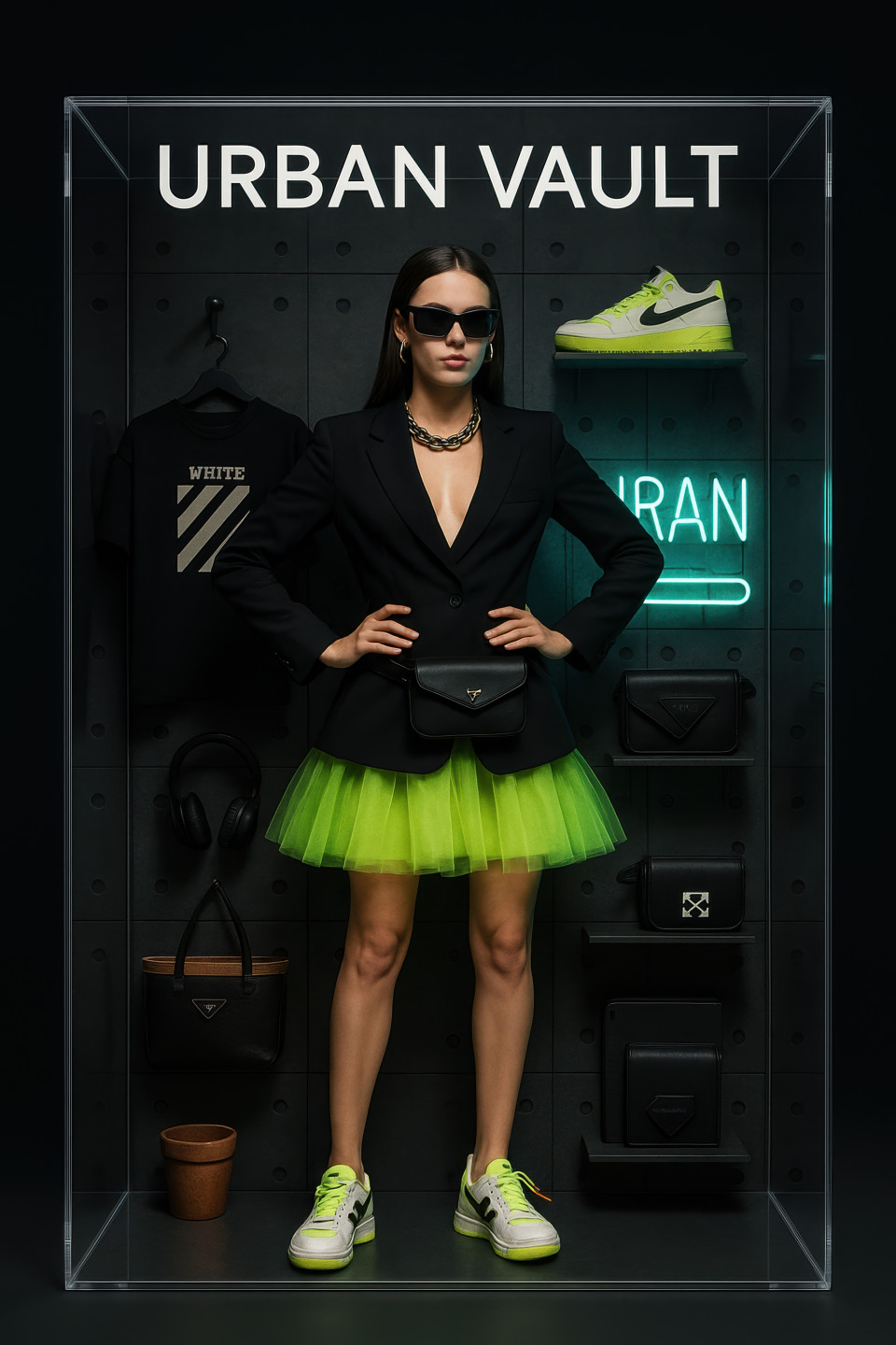 Edgy fashion doll in tulle and blazer combo with sneakers, chain necklace, leather belt bag in box, cool luxury mockup pack, chatgpt image prompt packaging