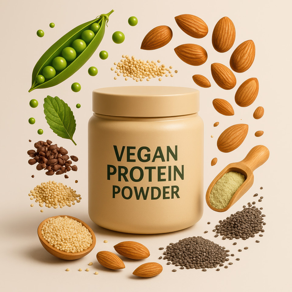 Protein powder tub surrounded by floating pea protein, chia seeds, quinoa, almonds, and cacao nibs in beige studio. 3d product ad prompt chatgpt poster advertising design marketing