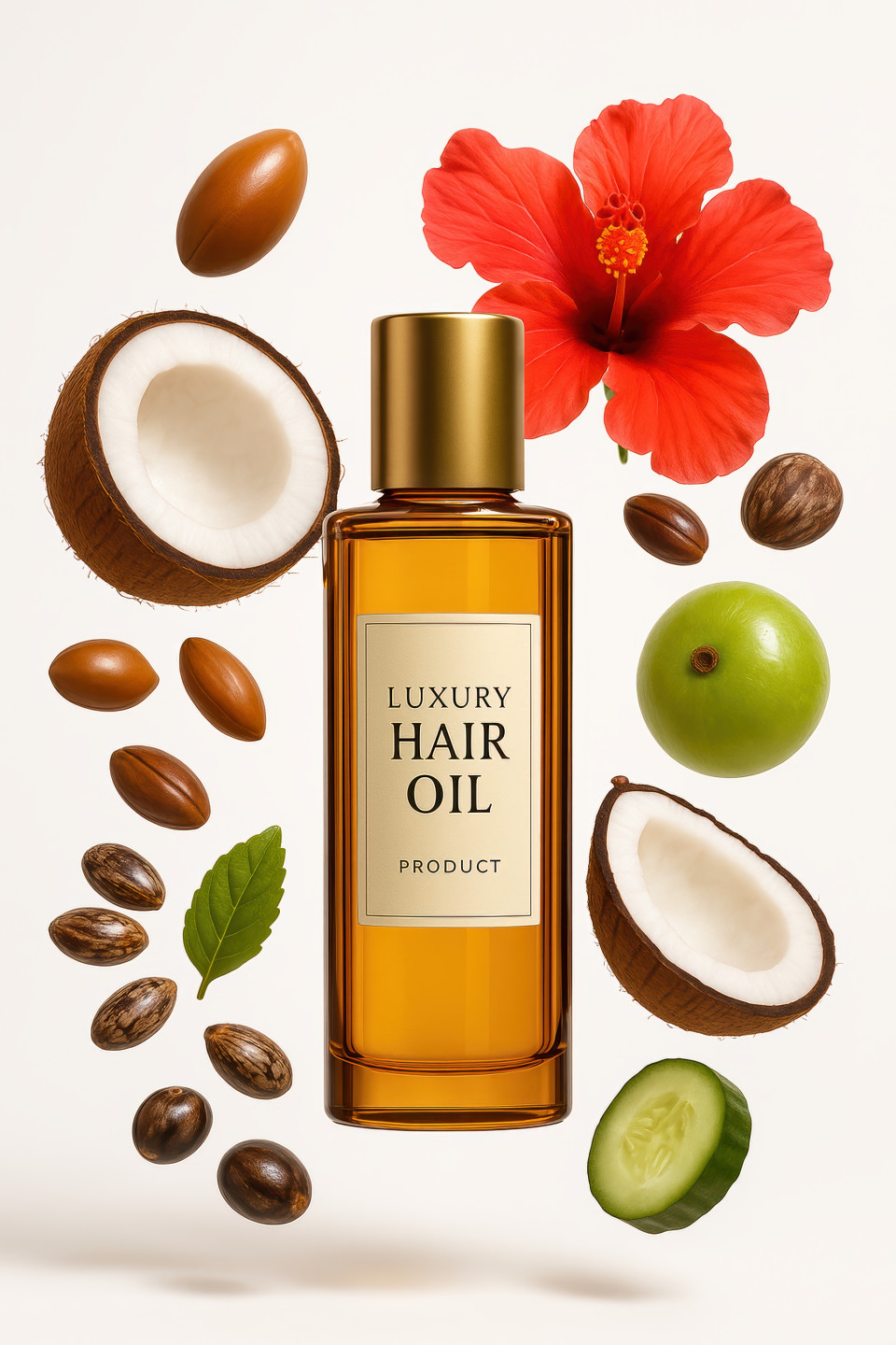 Hair oil bottle with argan, coconut, castor beans, amla, and hibiscus floating mid-air in white studio with glossy light. 3d product ad prompt chatgpt poster advertising design marketing