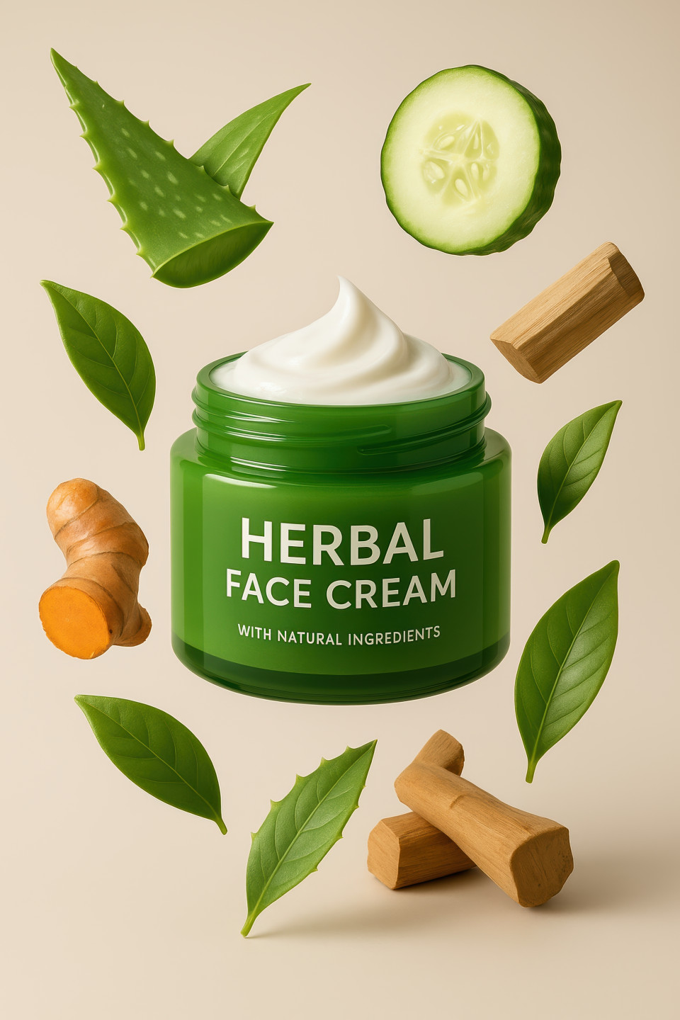 Herbal face cream in glossy jar with aloe vera, turmeric, green tea, cucumber, and sandalwood floating mid-air in clean beige studio. 3d product ad prompt chatgpt poster advertising design marketing