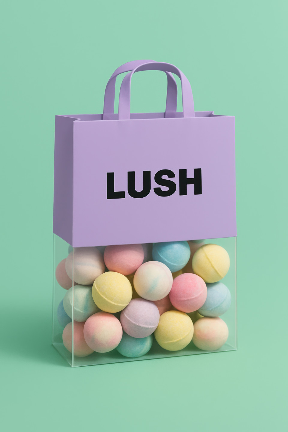 Glossy lavender lush carry bag showing bath bombs in clear bottom on mint green background. branded bag chatgpt prompt carry bag product mockup packaging design branding
