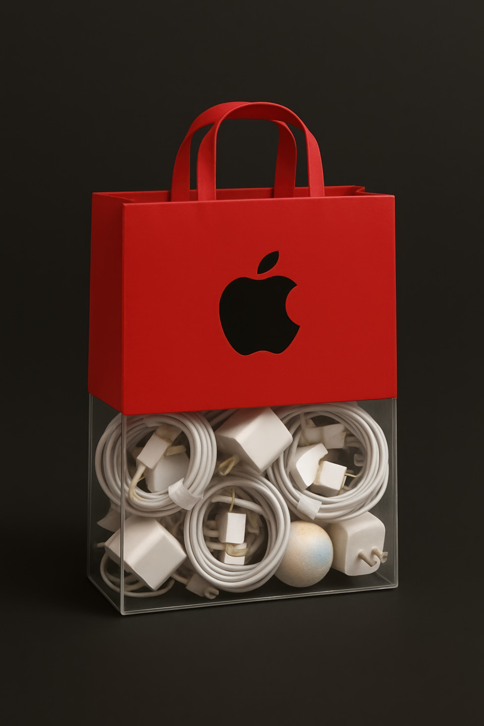 Red apple carry bag with transparent base filled with iphone accessories on black background. branded bag chatgpt prompt carry bag product mockup packaging design branding