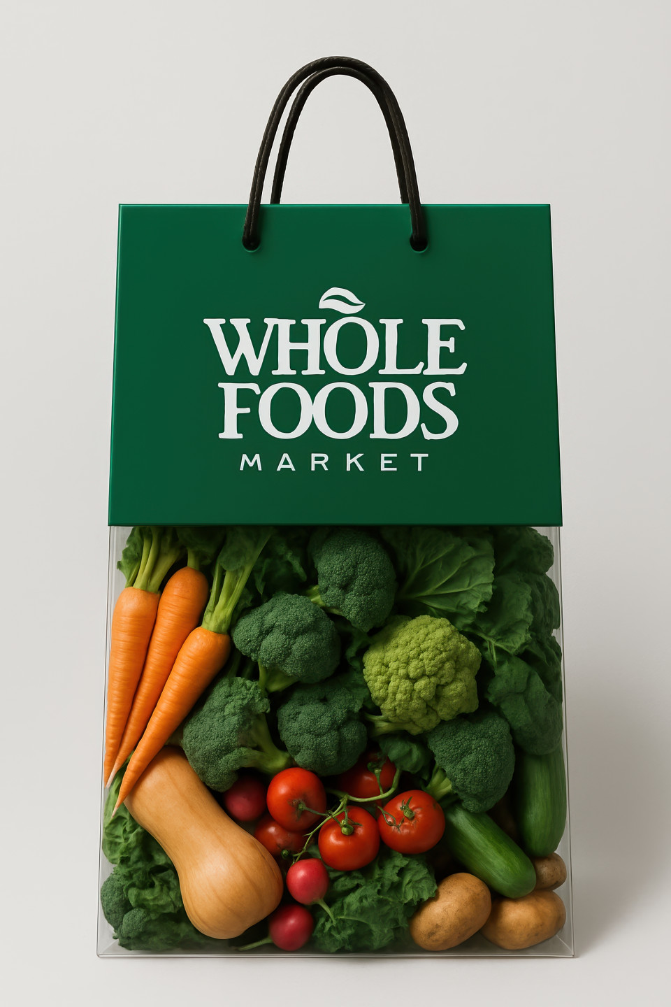 Green carry bag with whole foods logo and organic vegetables inside on light gray background with soft light. branded bag chatgpt prompt carry bag product mockup packaging design branding