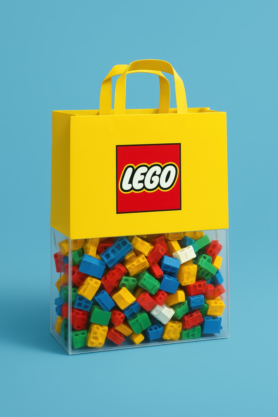 Yellow lego carry bag with transparent base full of bricks on sky blue background with soft shadow. branded bag chatgpt prompt carry bag product mockup packaging design branding