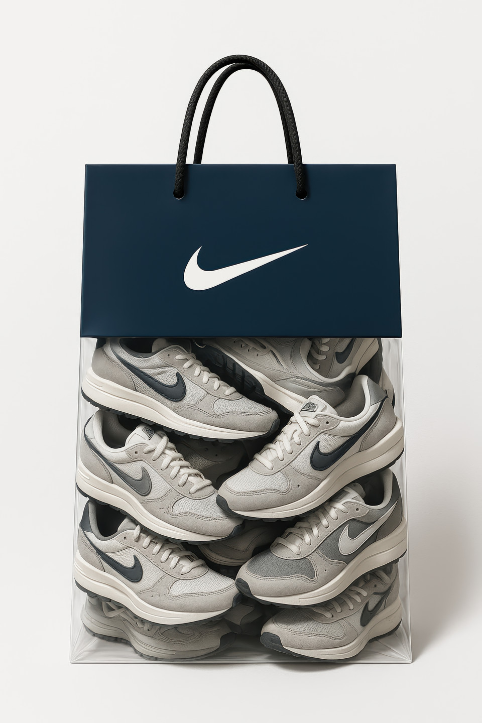 Glossy navy blue carry bag with nike logo showing running shoes inside, placed on white background with soft light. branded bag chatgpt prompt carry bag product mockup packaging design branding
