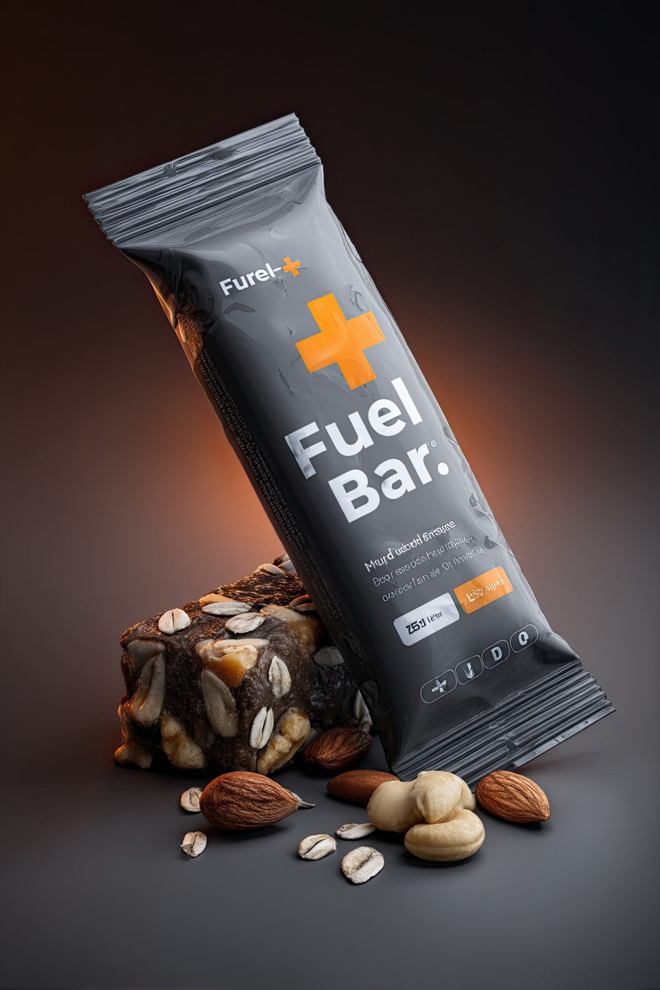 Hyper-realistic mockup of a protein bar with "fuel bar+" label. surrounded by nuts and grains, this modern design is perfect for midjourney packaging mockups