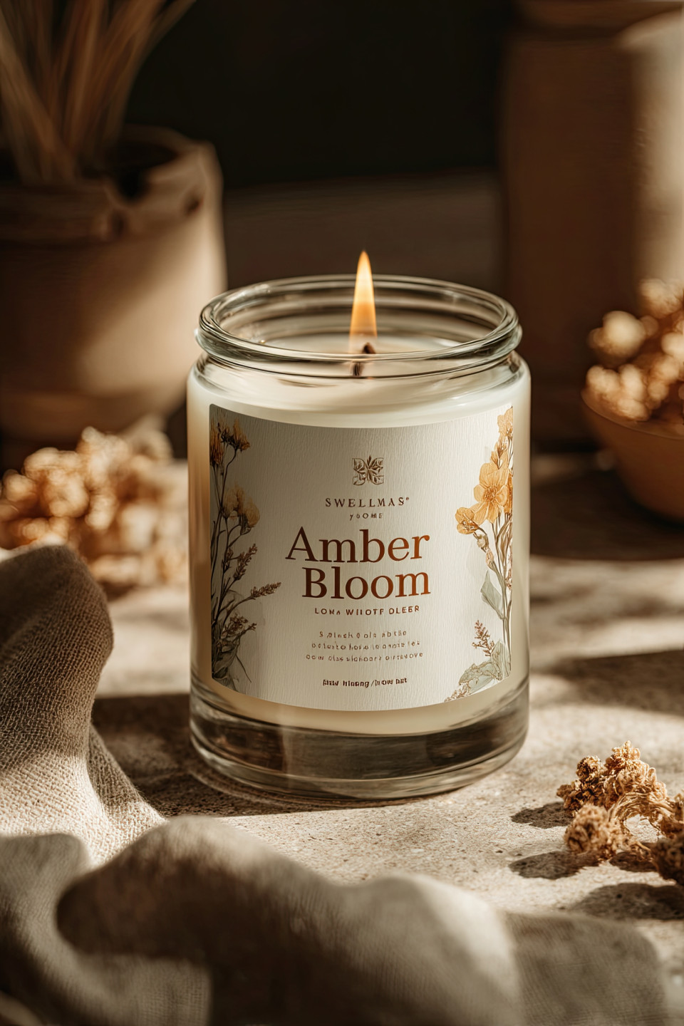 Hyper-realistic mockup of a luxury candle jar with "amber bloom" label, surrounded by dried flowers. a premium packaging mockup for midjourney design work