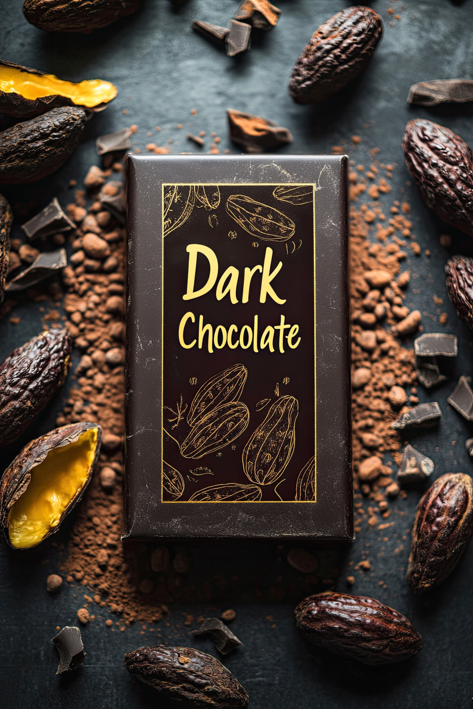 Hyper-realistic mockup of a dark chocolate bar in foil, featuring a bold "dark chocolate" label and cacao pod sketches. premium packaging design, ideal for mockup creation in midjourney