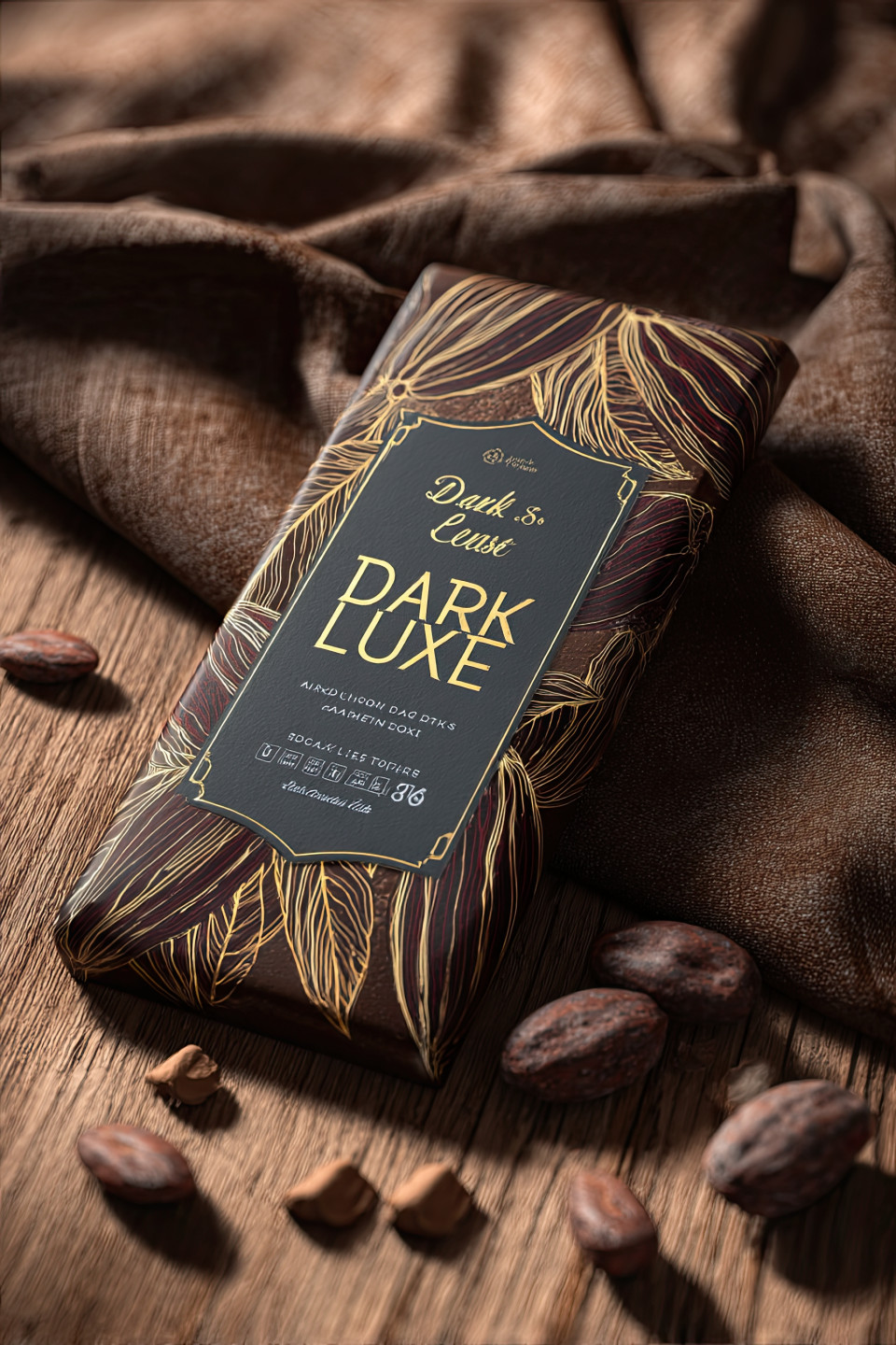 Hyper-realistic mockup of a gourmet chocolate bar with "dark luxe 85%" label. ideal for midjourney projects seeking luxury packaging designs with cocoa nibs