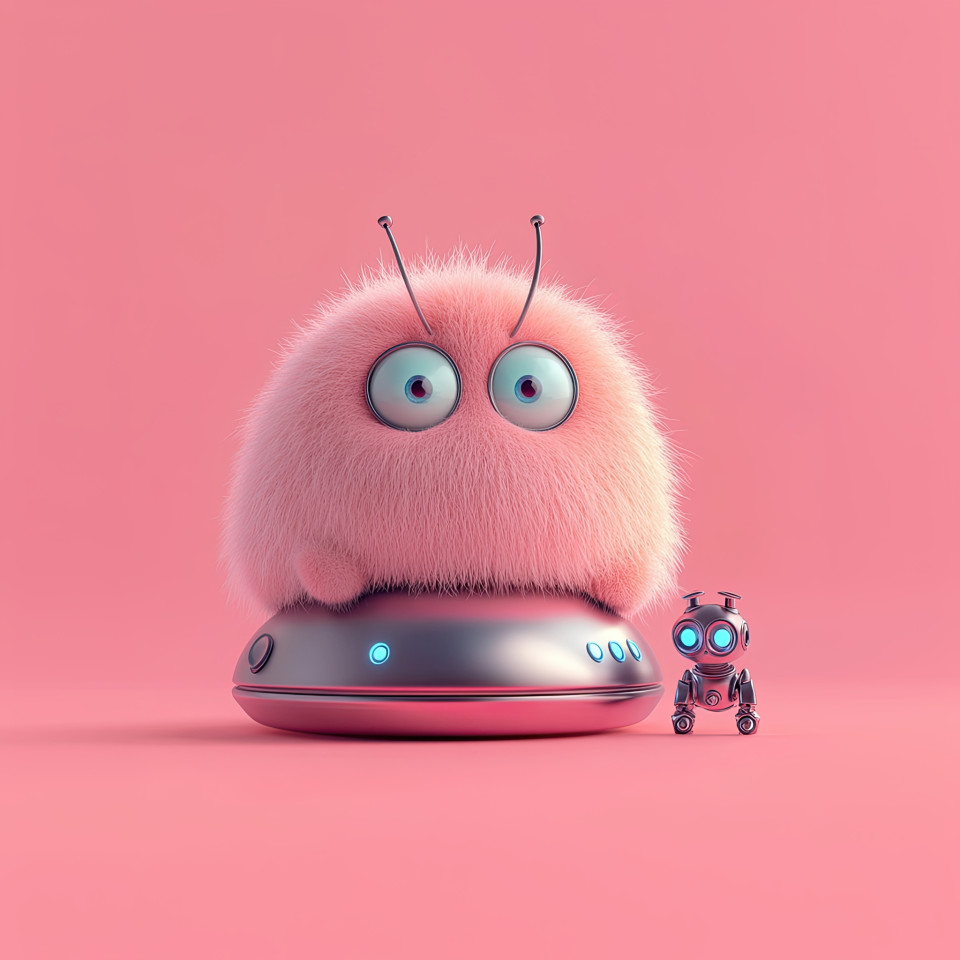 Fluffy pink alien with three eyes sitting on metallic pod, with robot dog nearby, in pixar style 3d cartoon. simple textures, glowing lights, and playful feel. midjourney prompt