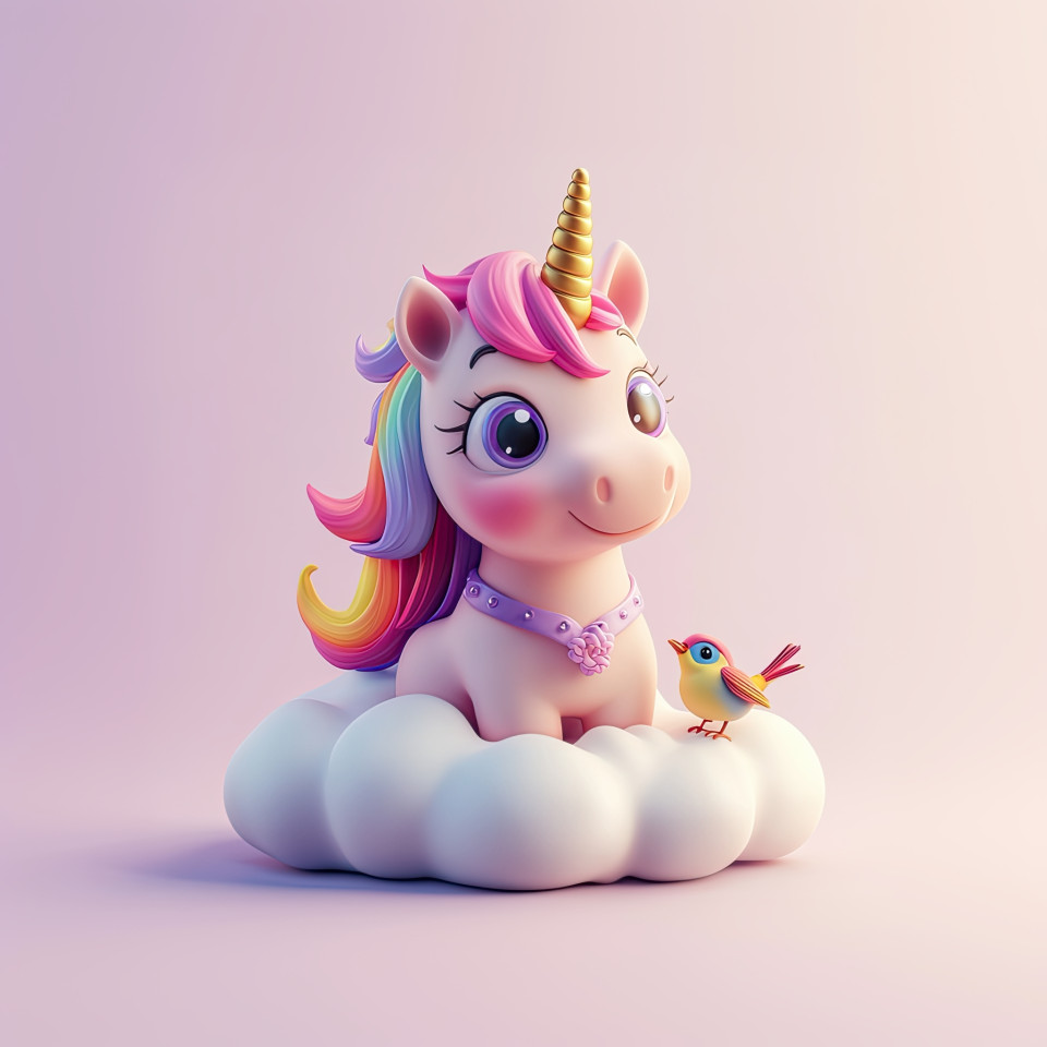 Fluffy pink unicorn with rainbow mane sitting on cloud, with small bird perched nearby, in pixar style 3d cartoon. soft lighting and whimsical feel. midjourney prompt character