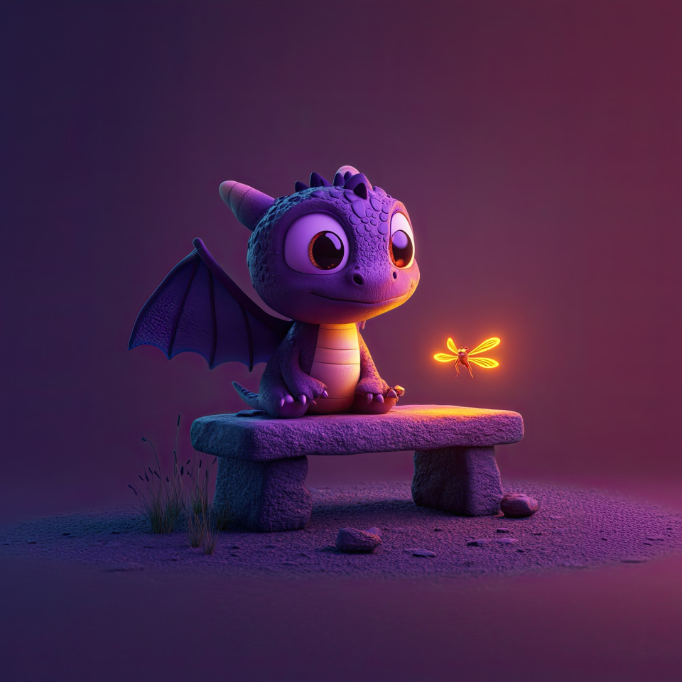 Purple dragon with green hat and glowing firefly sitting on stone bench, in pixar style 3d cartoon. simple textures and playful lighting. midjourney prompt character cartoon