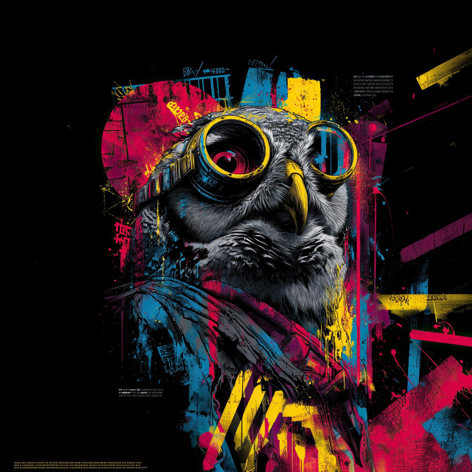 Graffiti-style portrait of an owl with steampunk goggles, vibrant neon colors, and street art splatters, perfect for a stylish t-shirt design.
