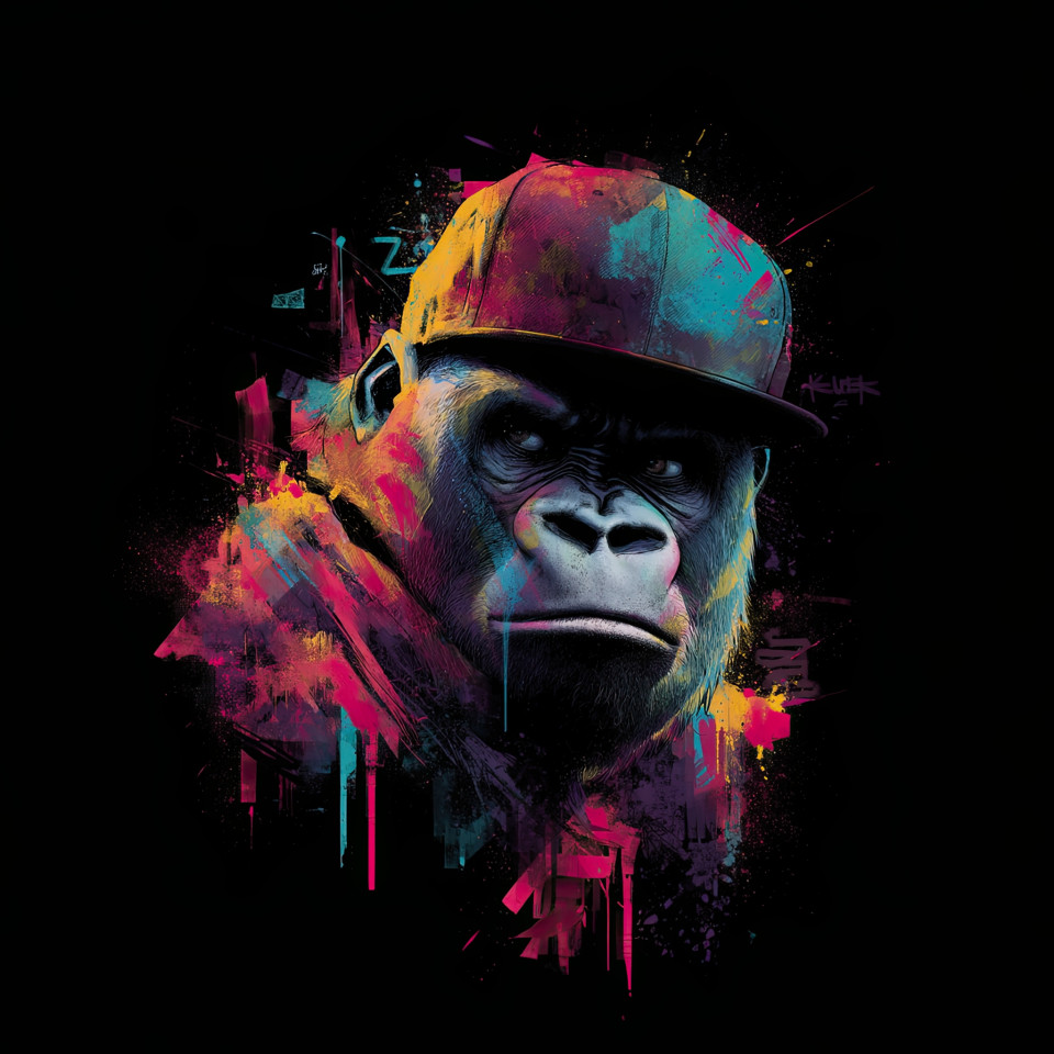 Graffiti-style portrait of a gorilla in a flat-brimmed cap, with neon colors and urban street art textures, making it a great t-shirt design.