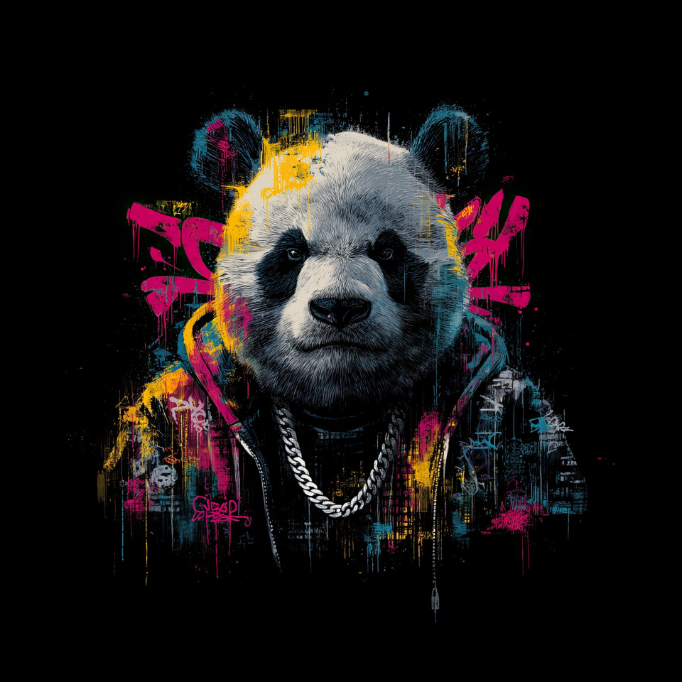 Graffiti-style portrait of a panda with a silver chain necklace, vibrant neon colors, and splattered paint effects, perfect for a bold t-shirt design.