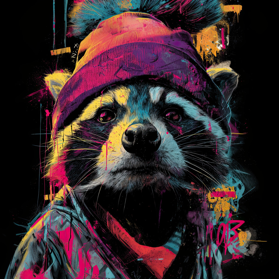 Graffiti-style portrait of a raccoon wearing a purple beanie, with neon paint splatters and urban street art textures. ideal for a unique t-shirt design.