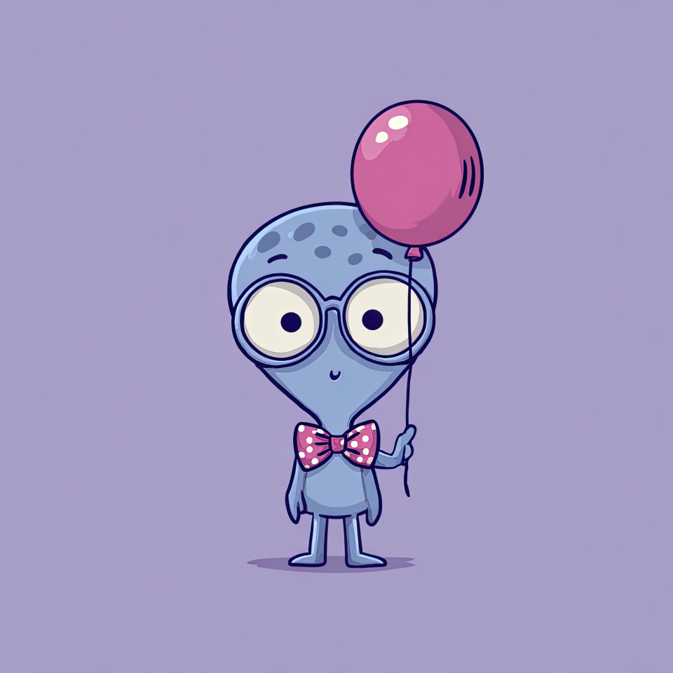 Playful cartoon alien holding a balloon and wearing a polka-dot bow tie. bold outlines and flat shading in a clean, modern cartoon style. midjourney prompt playful character, cartoon design