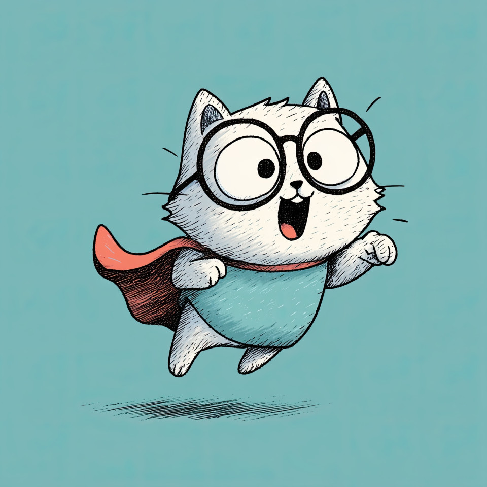 Playful cartoon cat with a superhero cape, oversized glasses, and quirky expression, leaping through the air. bold outlines and flat shading in a modern cartoon style. midjourney prompt cartoon character, playful