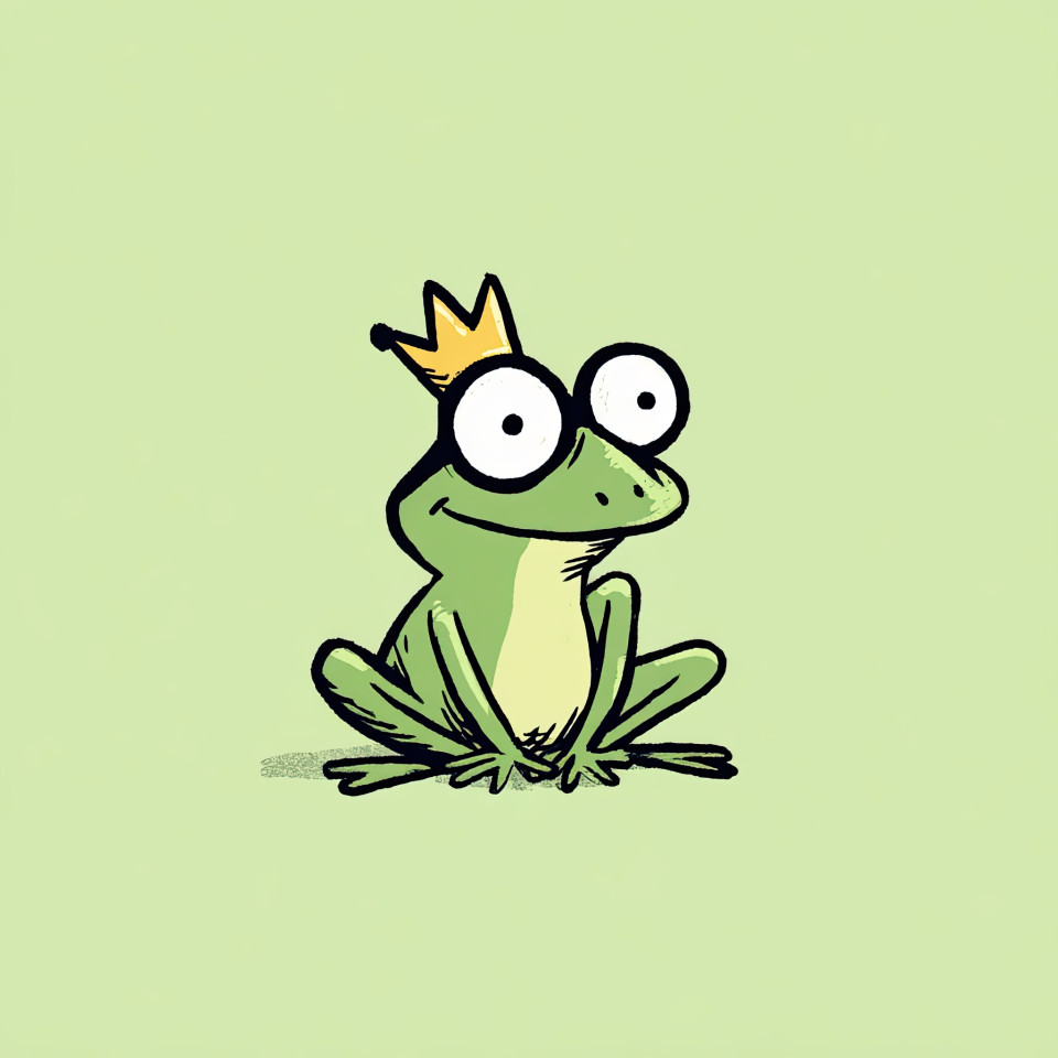 Playful cartoon frog sitting cross-legged, smiling, wearing a tiny crown. bold outlines and flat shading in a modern cartoon style. midjourney prompt playful character, cartoon