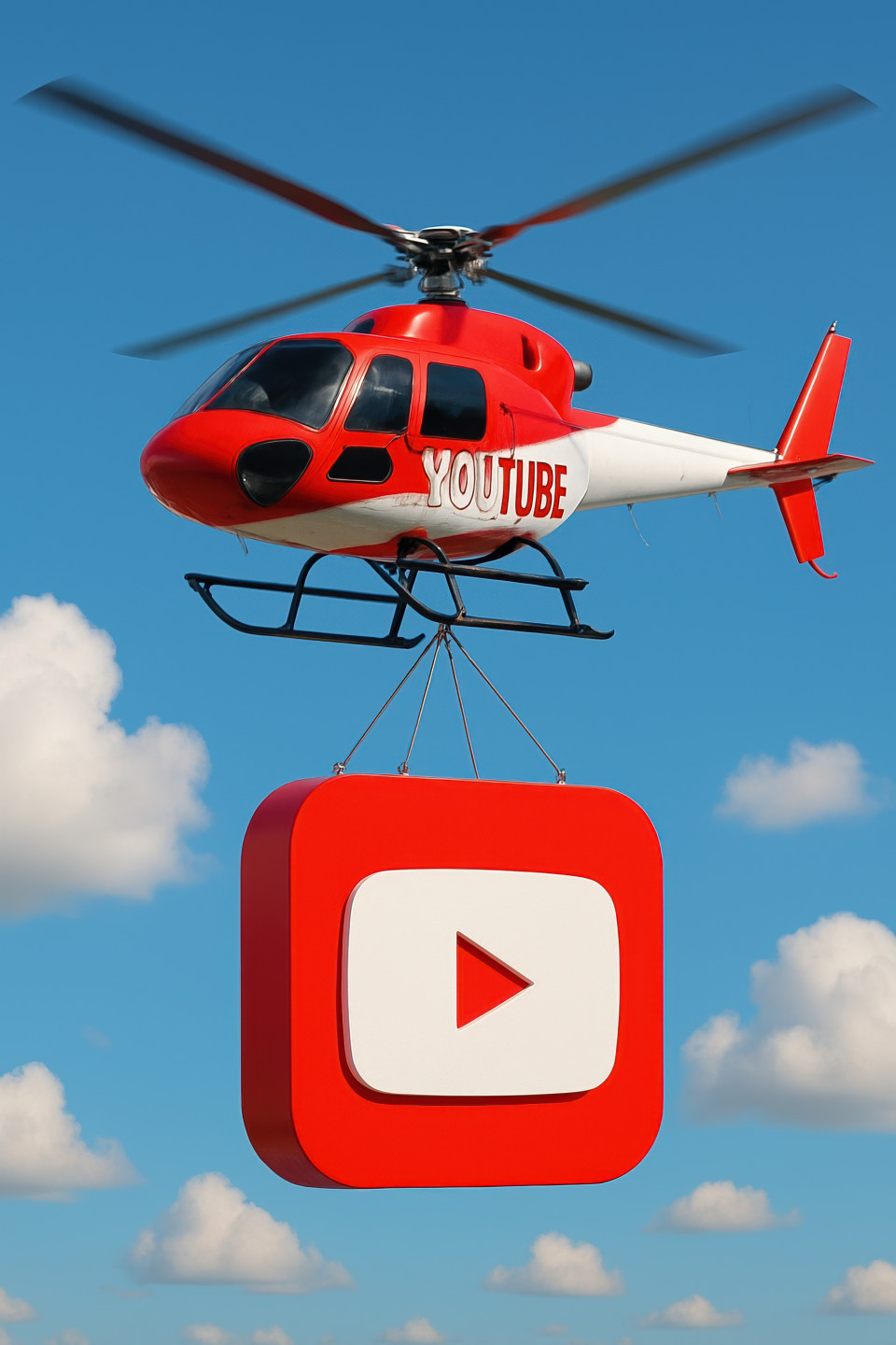 Bright cgi helicopter in red and white youtube theme carries bold 3d logo in clear sky with clouds, flying ad design with vehicle aerial view and chatgpt branding prompt