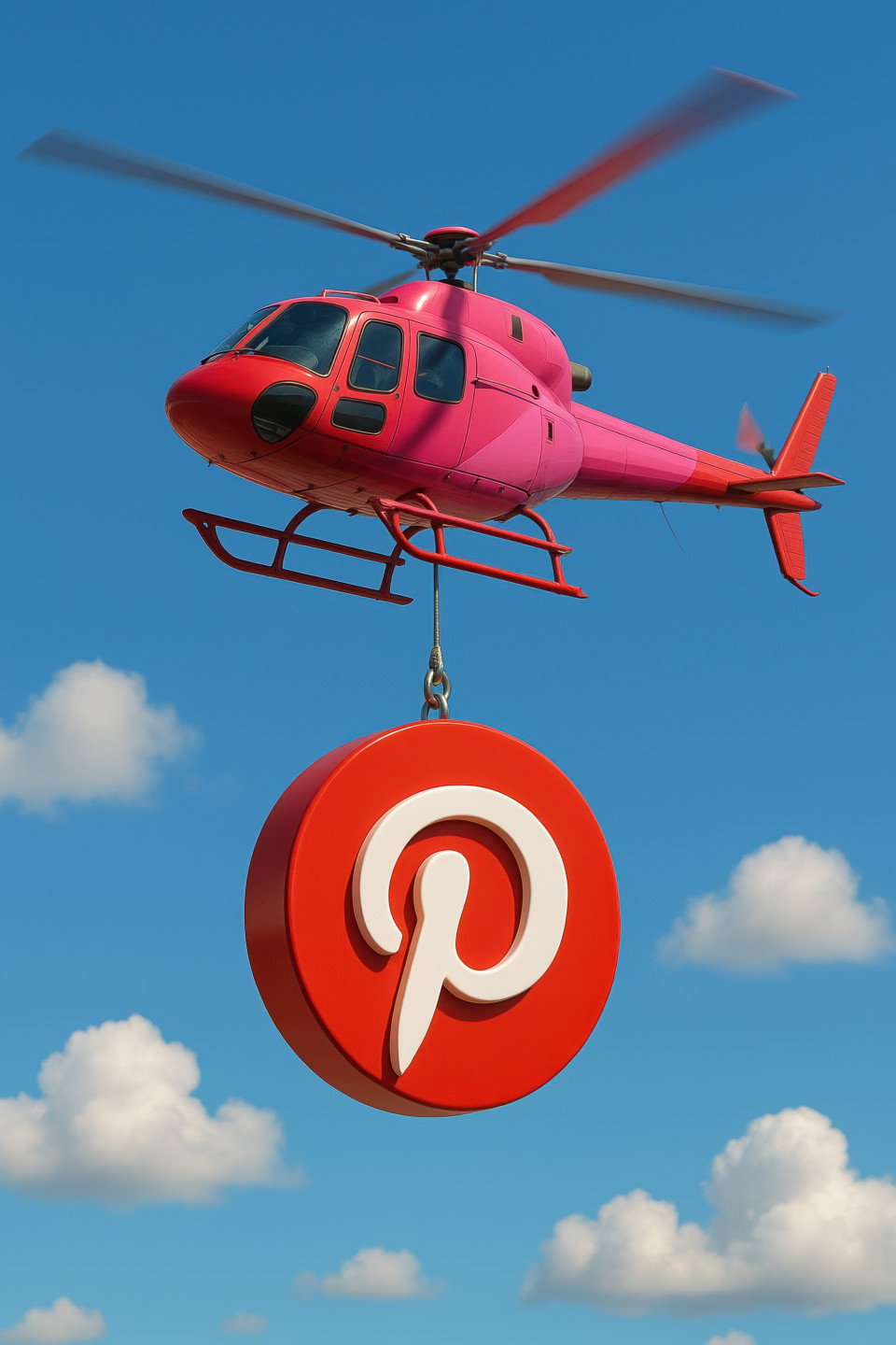 Red cgi helicopter with pinterest logo hanging below, soaring in bright sky with clouds, concept ad design using aerial vehicle branding and chatgpt creative prompt