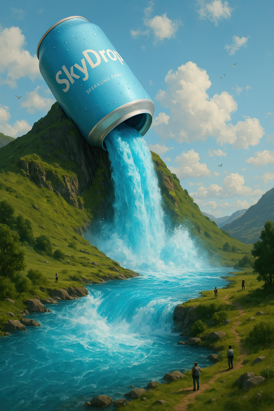 A giant "skydrop" can spills a vibrant sky-blue waterfall in a surreal landscape. perfect for product display, can design, and marketing, fueled by a whimsical chatgpt prompt.