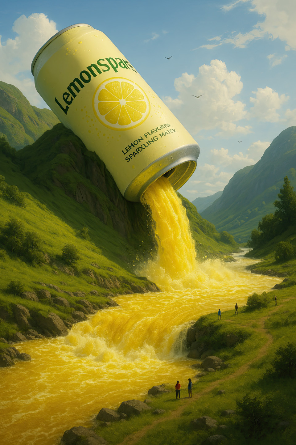 Surreal, photorealistic landscape with a giant "lemonspark" can pouring a vibrant yellow waterfall. perfect for product display, can design, and marketing. a creative chatgpt prompt with fantasy realism.