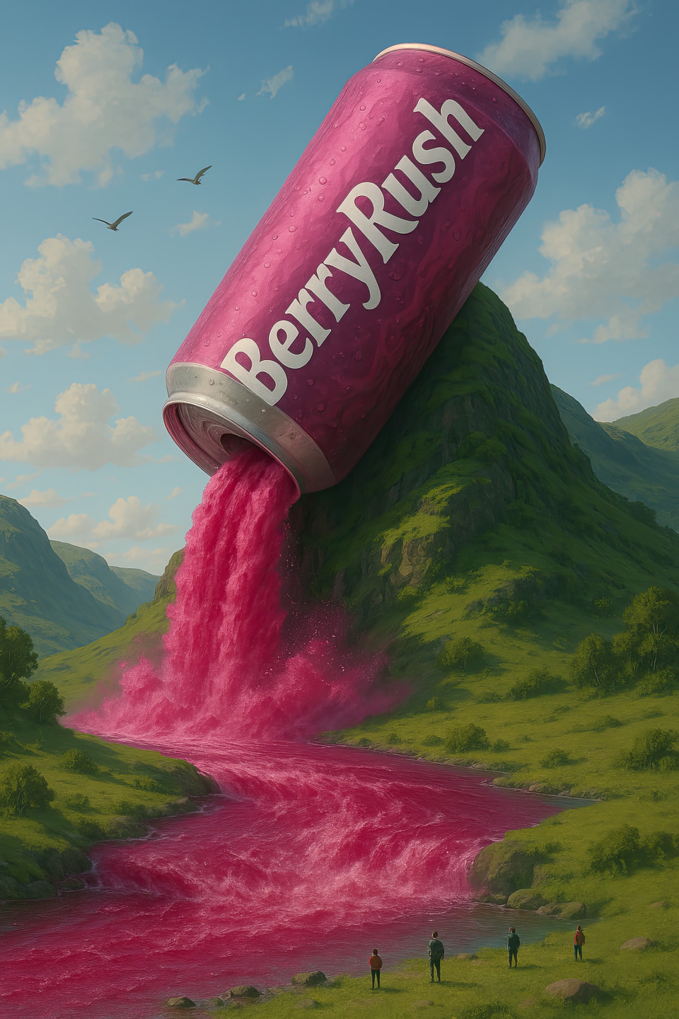 Surreal landscape featuring a giant "berryrush" can spilling vibrant magenta liquid. perfect for marketing, can design, and product display, captured with a creative chatgpt prompt.
