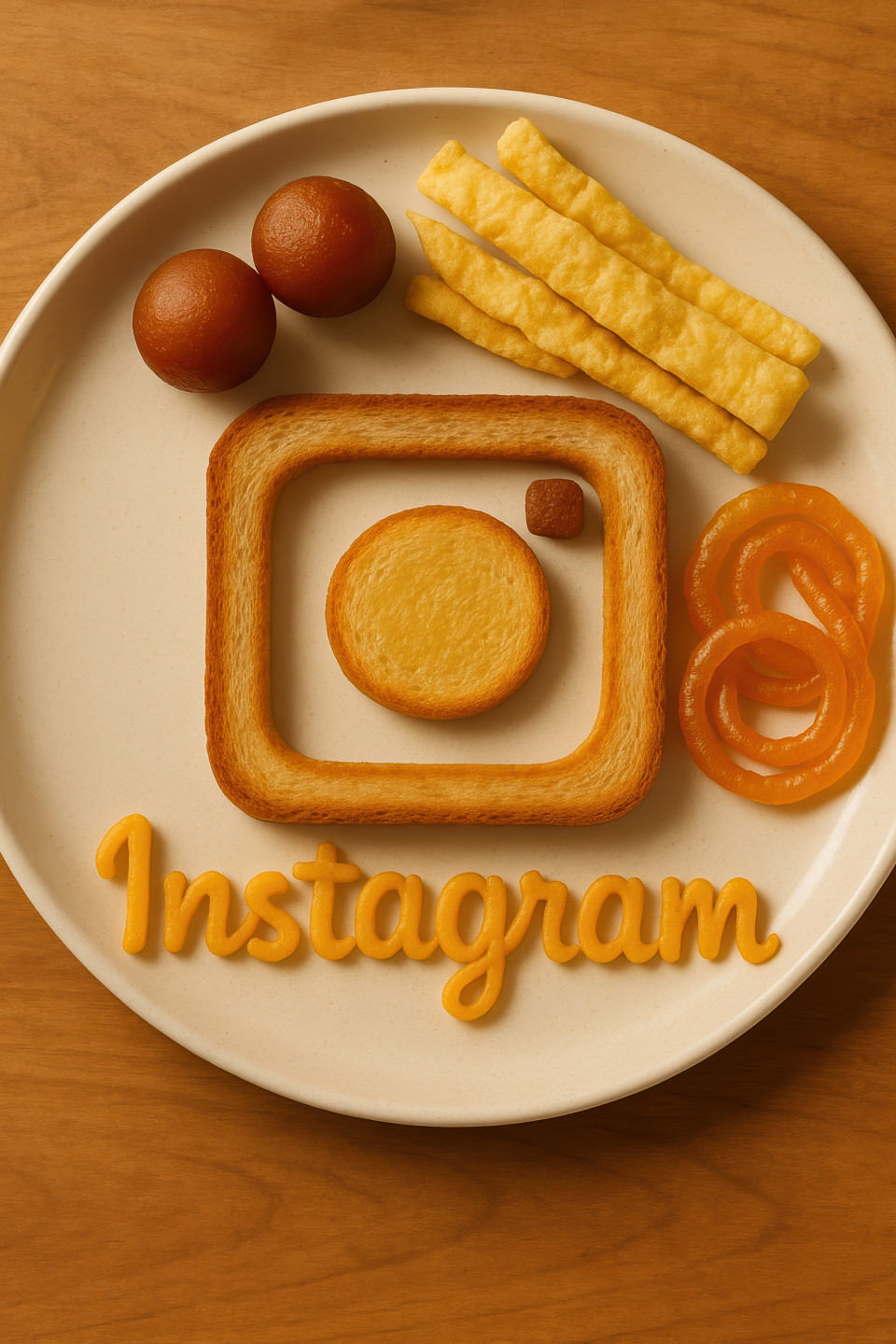 Instagram logo made from toast and cheese on plate with gulab jamun, fafda, jalebi sides, styled in warm light, food brand breakfast concept, chatgpt prompt photography