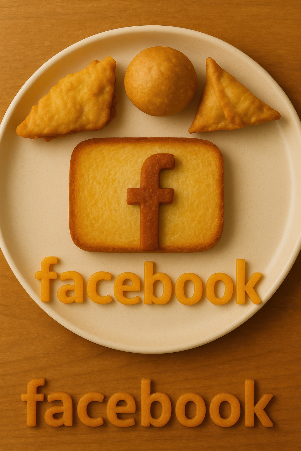 Facebook logo built with toast on breakfast plate with samosa, kachori, bread pakora, warm lighting and soft shadows, food brand photography from chatgpt prompt